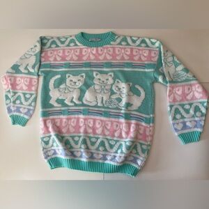 Vintage 80’s Rose pastel kitten, bows, and hearts sweater